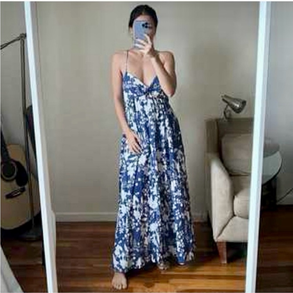 Zara Floral Blue White Cotton Maxi Summer Dress Sundress with knot sz.XS